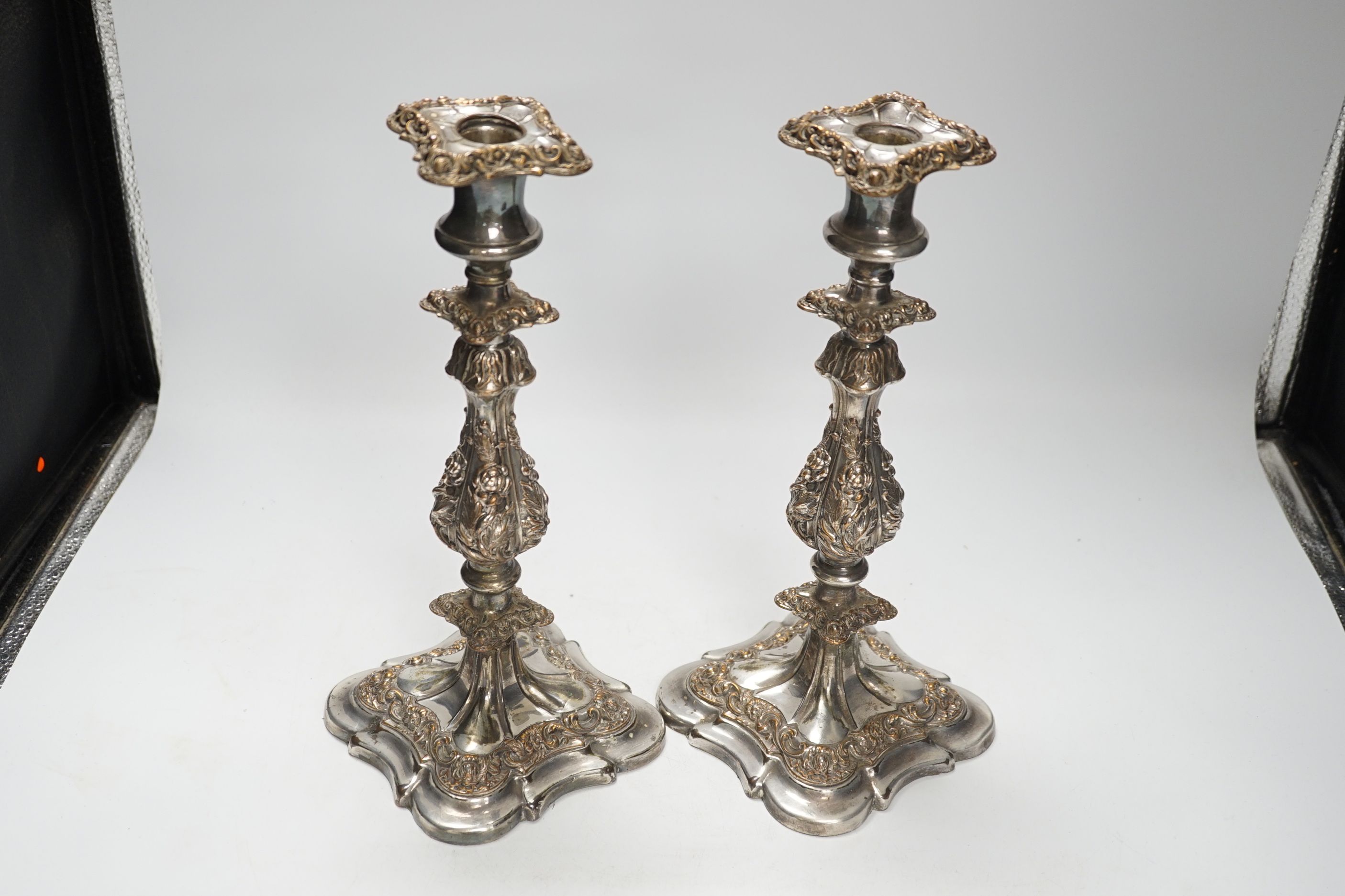 A pair of silver plate Sheffield candlesticks, 31cm high